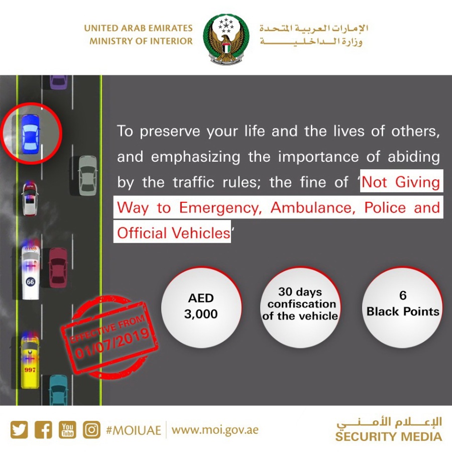 The fine for Not Giving Way to Emergency Vehicles will be Revised to AED3000 and a One-Month Confiscation of the Vehicle Starting July 1st 2019