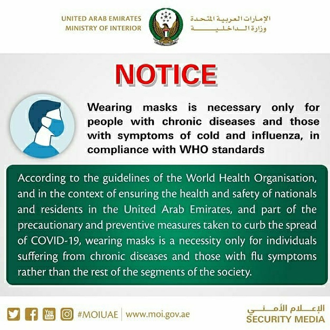 Wearing masks is necessary only for people with chronic diseases and those with symptoms of cold and influenza, in compliance with WHO standards